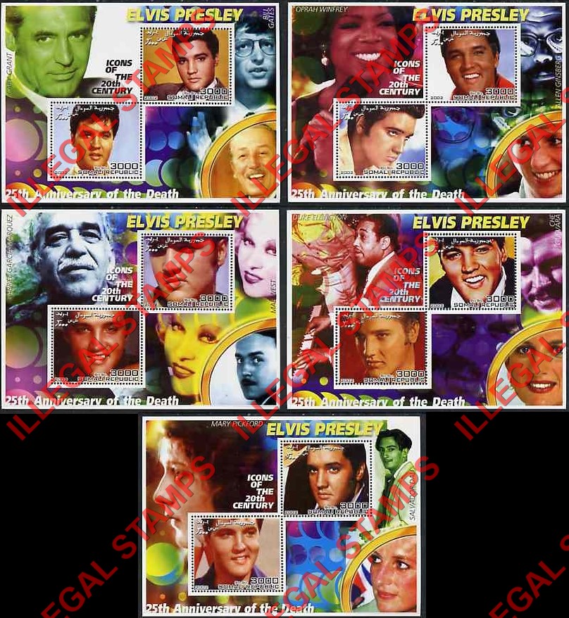 Somalia 2002 Elvis Presley Illegal Stamp Souvenir Sheets of 2 Somalia 2002 Elvis Presley Illegal Stamp Souvenir Sheets of 2