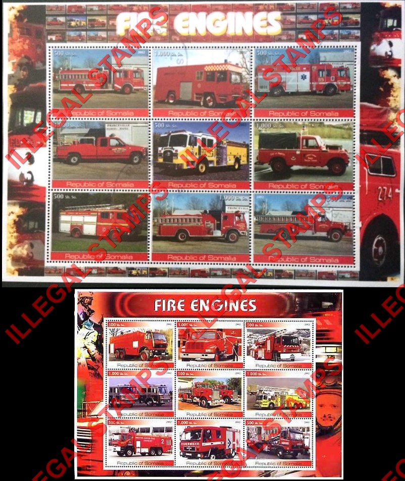 Somalia 2002 Fire Engines Illegal Stamp Souvenir Sheets of 9 Somalia 2002 Fire Engines Illegal Stamp Souvenir Sheets of 9