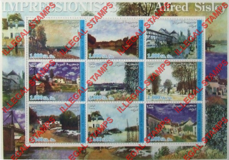Somalia 2002 Paintings by Alfred Sisley Illegal Stamp Souvenir Sheet of 9 Somalia 2002 Paintings by Alfred Sisley Illegal Stamp Souvenir Sheet of 9