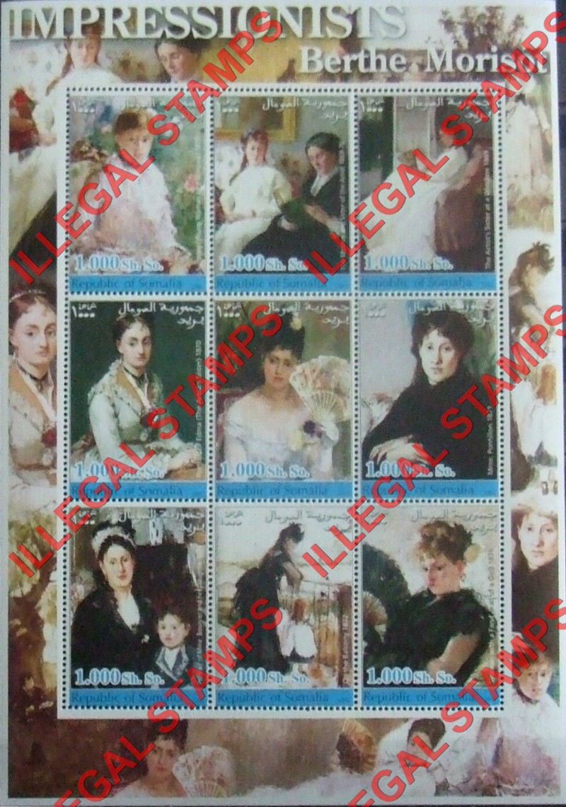 Somalia 2002 Paintings by Berthe Morisot Illegal Stamp Souvenir Sheet of 9 Somalia 2002 Paintings by Berthe Morisot Illegal Stamp Souvenir Sheet of 9