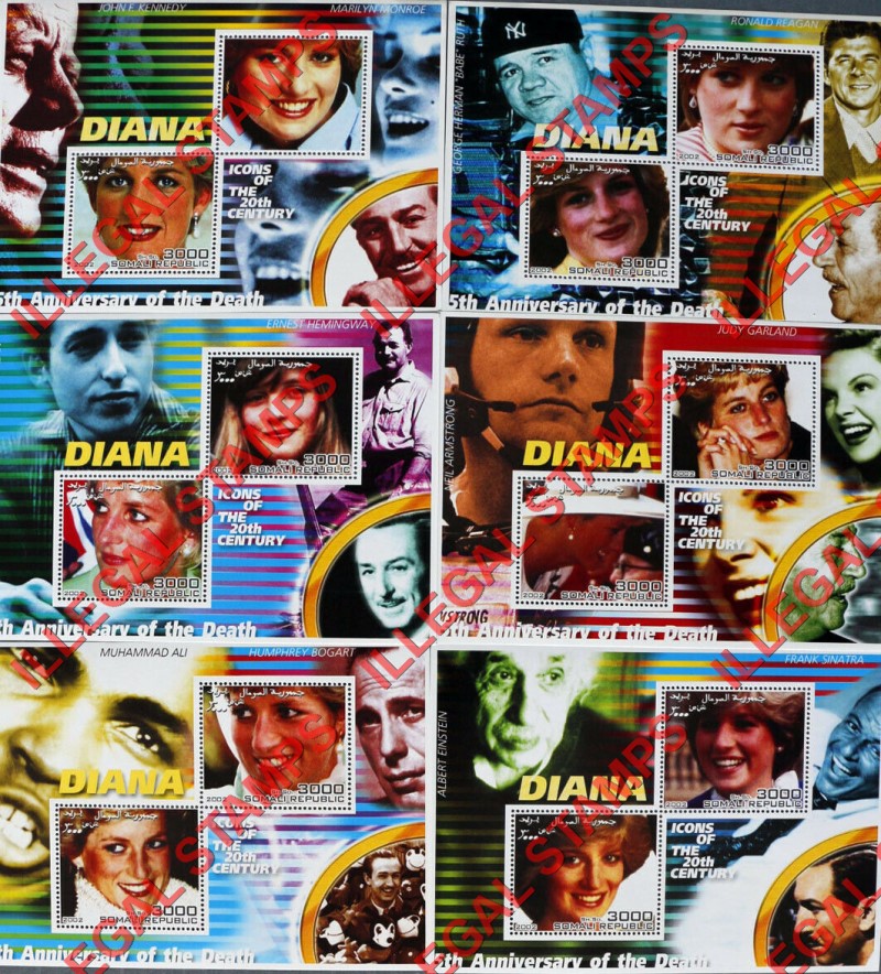 Somalia 2002 Princess Diana Illegal Stamp Souvenir Sheets of 2 Somalia 2002 Princess Diana Illegal Stamp Souvenir Sheets of 2