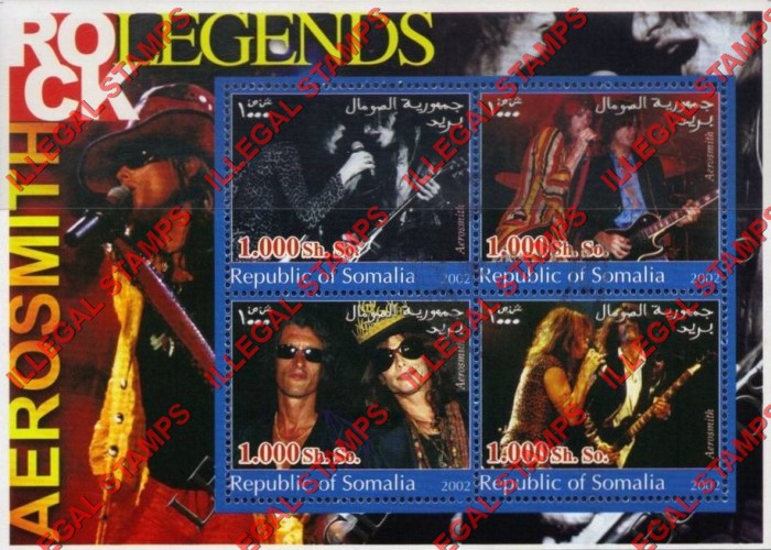 Somalia 2002 Rock Legends Aerosmith Illegal Stamp Souvenir Sheet of 4 Somalia 2002 Rock Legends Aerosmith Illegal Stamp Souvenir Sheet of 4