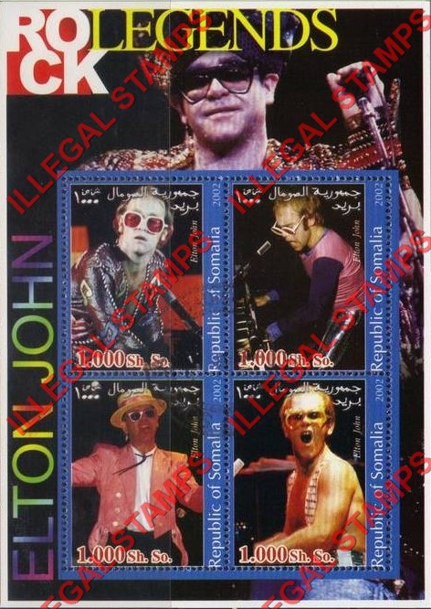 Somalia 2002 Rock Legends Elton John Illegal Stamp Souvenir Sheet of 4 Somalia 2002 Rock Legends Elton John Illegal Stamp Souvenir Sheet of 4