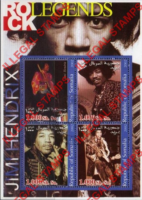 Somalia 2002 Rock Legends Jimi Hendrix Illegal Stamp Souvenir Sheet of 4 Somalia 2002 Rock Legends Jimi Hendrix Illegal Stamp Souvenir Sheet of 4
