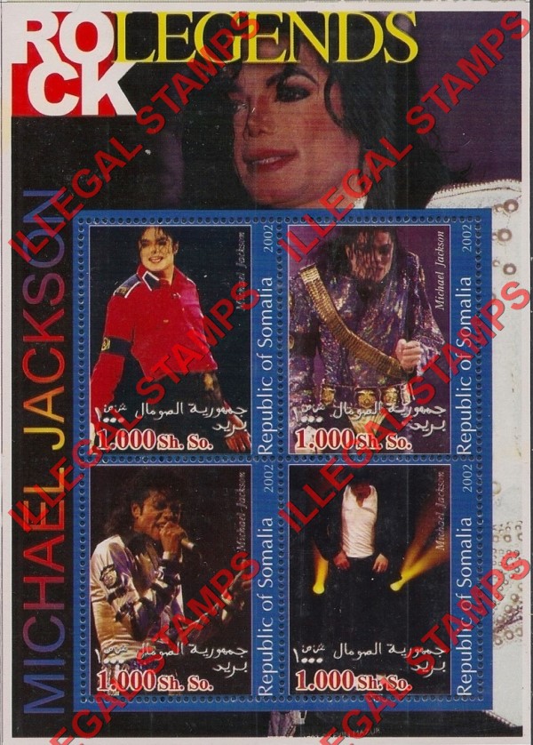 Somalia 2002 Rock Legends Michael Jackson Illegal Stamp Souvenir Sheet of 4 Somalia 2002 Rock Legends Michael Jackson Illegal Stamp Souvenir Sheet of 4