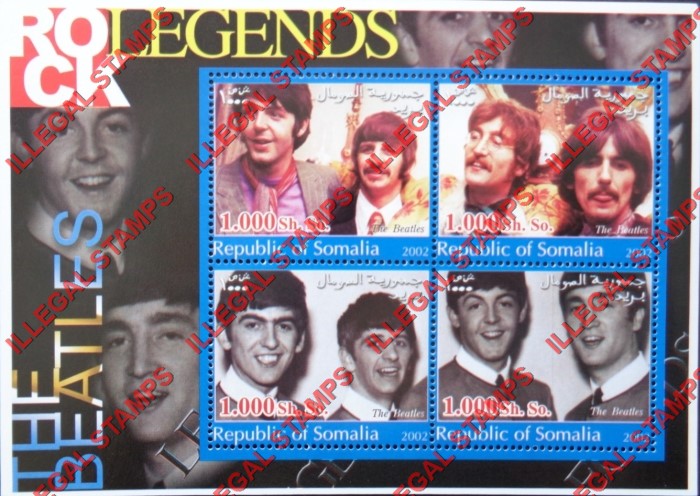 Somalia 2002 Rock Legends The Beatles Illegal Stamp Souvenir Sheet of 4 Somalia 2002 Rock Legends The Beatles Illegal Stamp Souvenir Sheet of 4