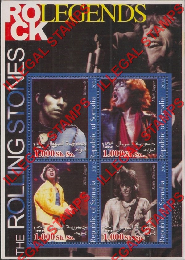 Somalia 2002 Rock Legends The Rolling Stones Illegal Stamp Souvenir Sheet of 4 Somalia 2002 Rock Legends The Rolling Stones Illegal Stamp Souvenir Sheet of 4