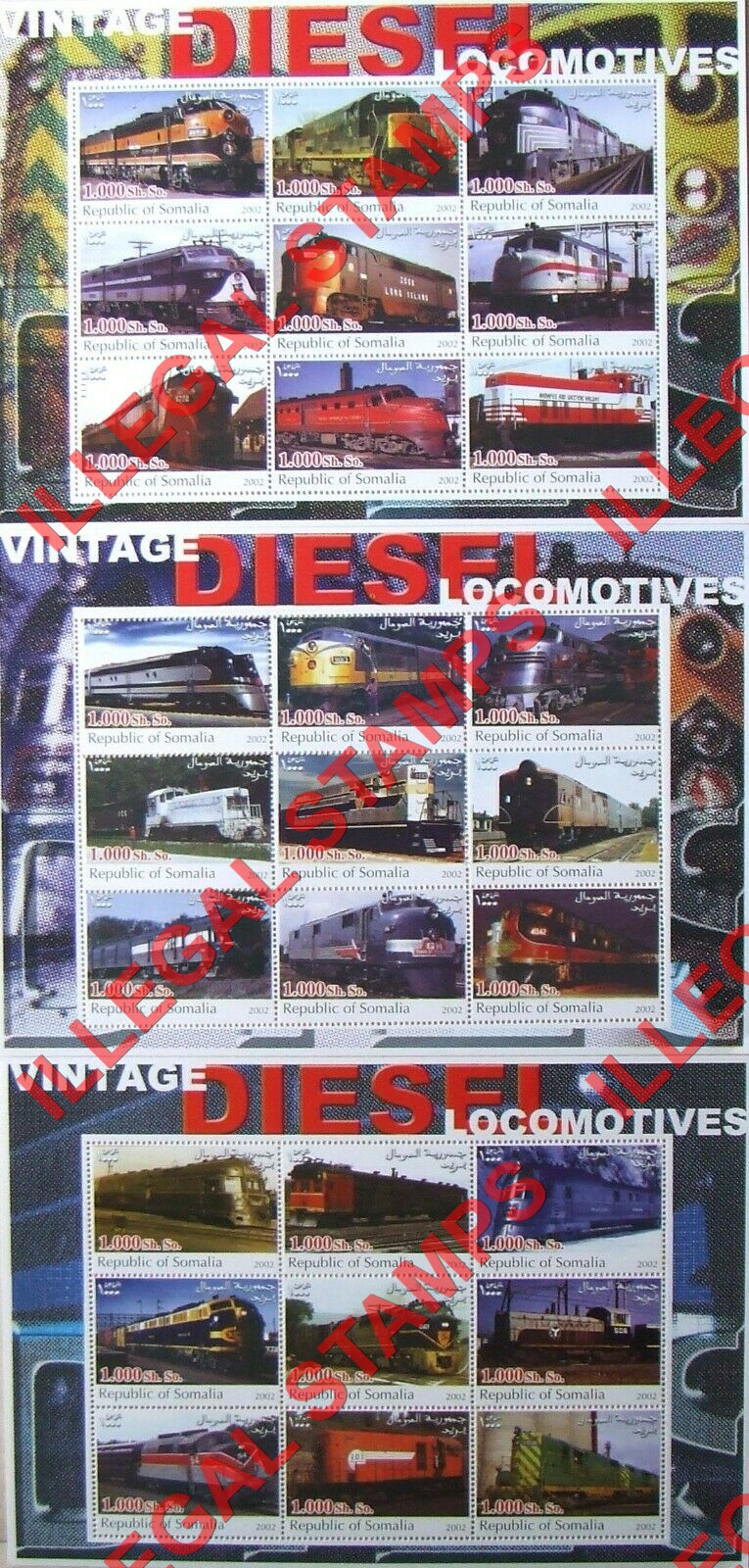 Somalia 2002 Vintage Diesel Locomotives Illegal Stamp Souvenir Sheets of 9 Somalia 2002 Vintage Diesel Locomotives Illegal Stamp Souvenir Sheets of 9