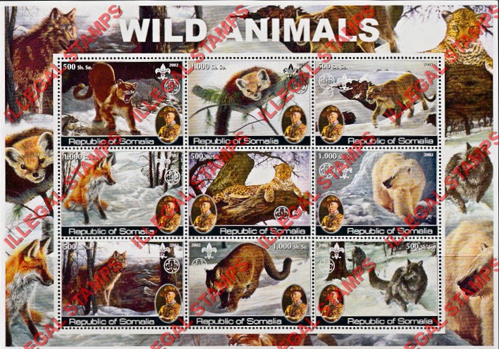 Somalia 2002 Wild Animals Illegal Stamp Souvenir Sheet of 9 Somalia 2002 Wild Animals Illegal Stamp Souvenir Sheet of 9