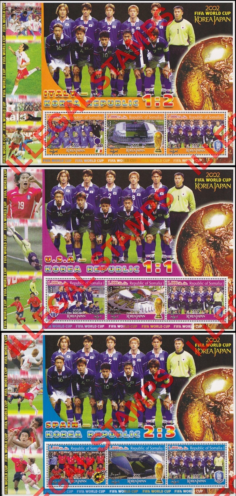 Somalia 2002 World Cup Soccer Illegal Stamp Souvenir Sheets of 3 (Part 1) Somalia 2002 World Cup Soccer Illegal Stamp Souvenir Sheets of 3 (Part 1)