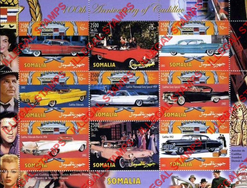 Somalia 2002 Cars Cadillac Illegal Stamp Souvenir Sheet of 9 Somalia 2002 Cars Cadillac Illegal Stamp Souvenir Sheet of 9