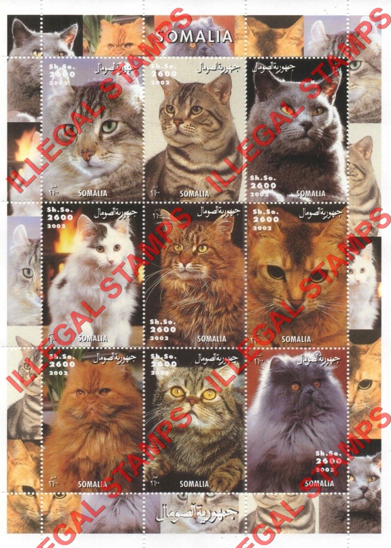 Somalia 2002 Cats Illegal Stamp Souvenir Sheet of 9 Somalia 2002 Cats Illegal Stamp Souvenir Sheet of 9