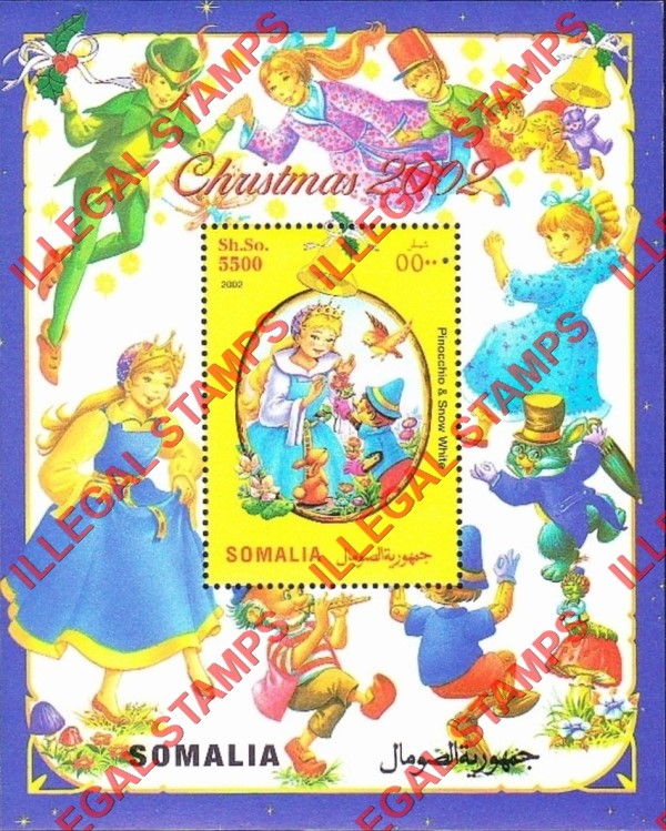 Somalia 2002 Christmas Pinocchio and Snow White Illegal Stamp Souvenir Sheet of 1 Somalia 2002 Christmas Pinocchio and Snow White Illegal Stamp Souvenir Sheet of 1