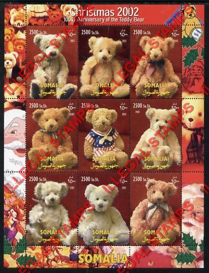 Somalia 2002 Christmas Teddy Bears Illegal Stamp Souvenir Sheet of 9 Somalia 2002 Christmas Teddy Bears Illegal Stamp Souvenir Sheet of 9