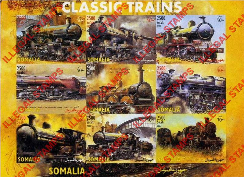 Somalia 2002 Classic Trains Illegal Stamp Souvenir Sheet of 9 Somalia 2002 Classic Trains Illegal Stamp Souvenir Sheet of 9