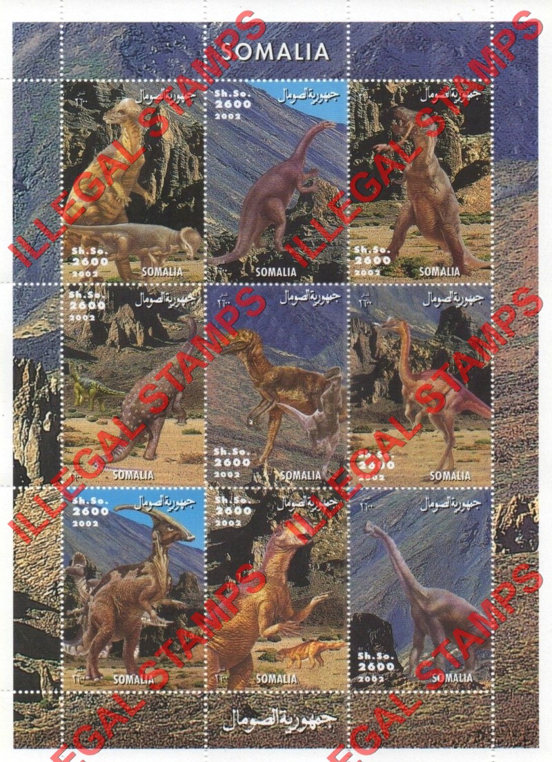 Somalia 2002 Dinosaurs Illegal Stamp Souvenir Sheet of 9 Somalia 2002 Dinosaurs Illegal Stamp Souvenir Sheet of 9