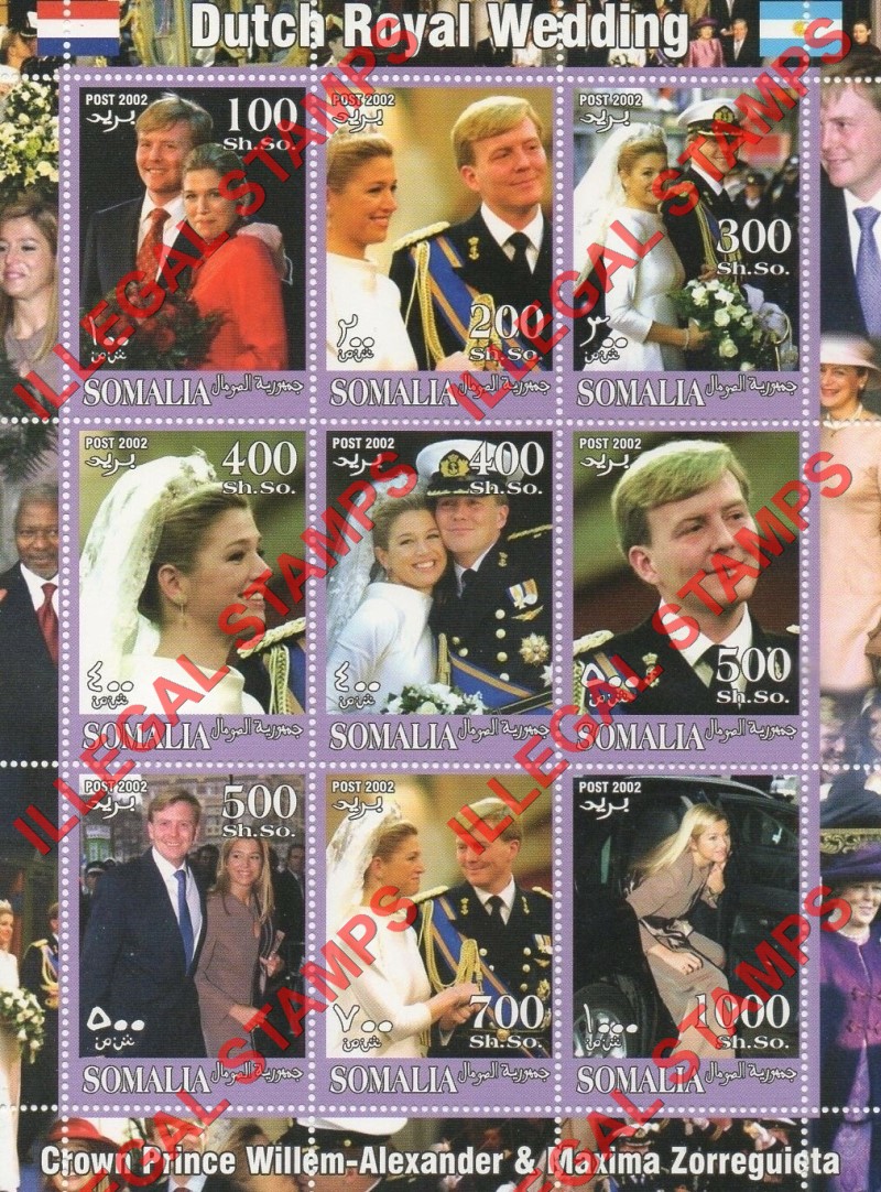 Somalia 2002 Dutch Royal Wedding Illegal Stamp Souvenir Sheet of 9 Somalia 2002 Dutch Royal Wedding Illegal Stamp Souvenir Sheet of 9