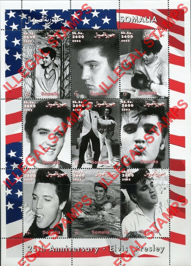 Somalia 2002 Elvis Presley Illegal Stamp Souvenir Sheet of 9 Somalia 2002 Elvis Presley Illegal Stamp Souvenir Sheet of 9