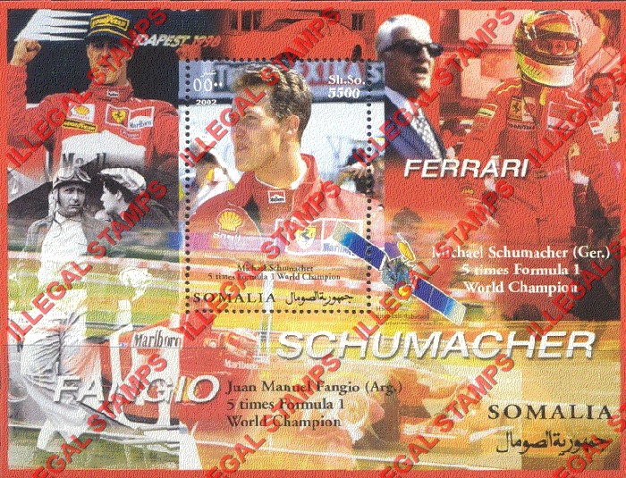 Somalia 2002 Ferrari Michael Schumacher Illegal Stamp Souvenir Sheet of 1 Somalia 2002 Ferrari Michael Schumacher Illegal Stamp Souvenir Sheet of 1