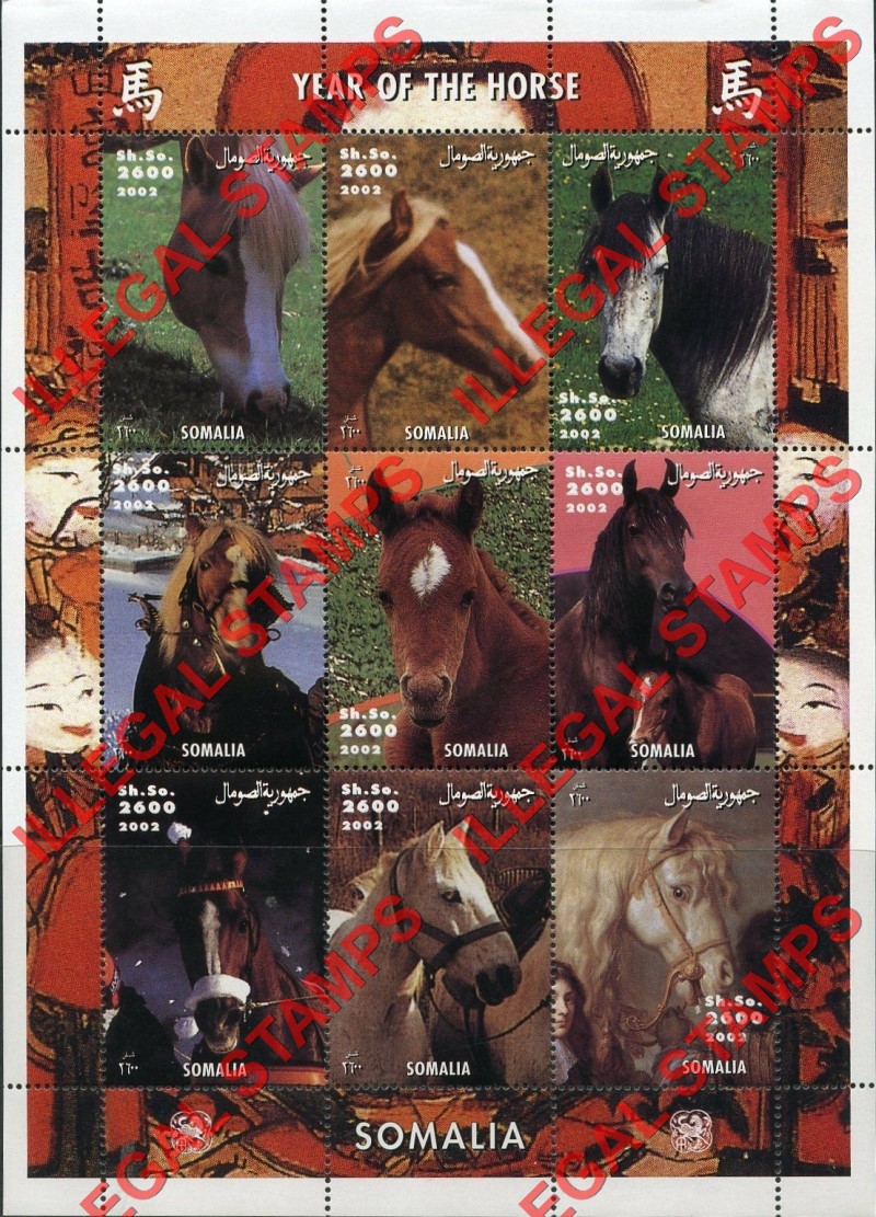 Somalia 2002 Horses Year of the Horse Illegal Stamp Souvenir Sheet of 9 Somalia 2002 Horses Year of the Horse Illegal Stamp Souvenir Sheet of 9