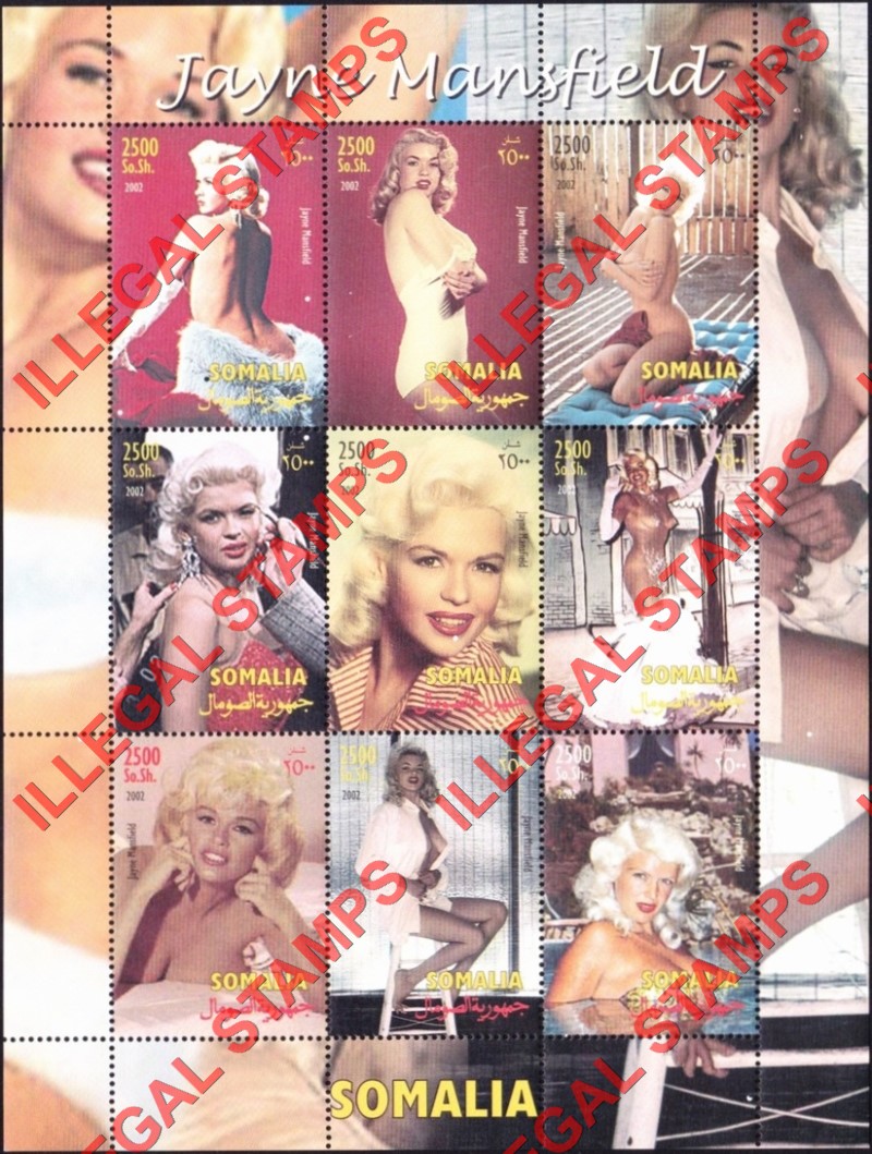 Somalia 2002 Jayne Mansfield Illegal Stamp Souvenir Sheet of 9 Somalia 2002 Jayne Mansfield Illegal Stamp Souvenir Sheet of 9