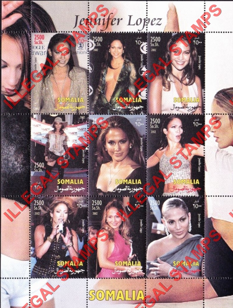Somalia 2002 Jennifer Lopez Illegal Stamp Souvenir Sheet of 9 (Sheet 1) Somalia 2002 Jennifer Lopez Illegal Stamp Souvenir Sheet of 9 (Sheet 1)