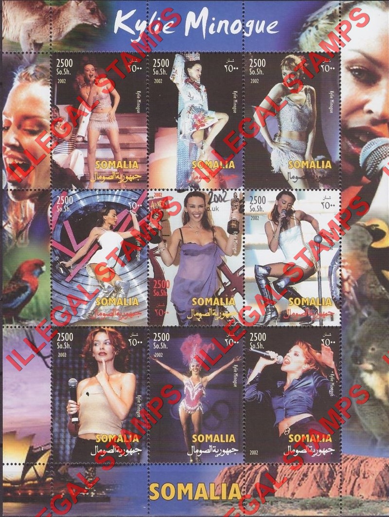 Somalia 2002 Kylie Minogue Illegal Stamp Souvenir Sheet of 9 Somalia 2002 Kylie Minogue Illegal Stamp Souvenir Sheet of 9