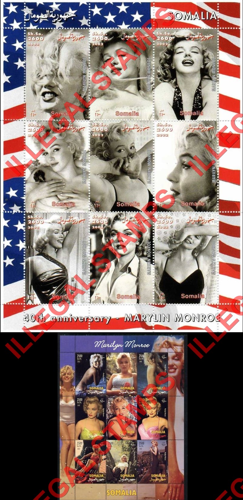 Somalia 2002 Marilyn Monroe Illegal Stamp Souvenir Sheets of 9 Somalia 2002 Marilyn Monroe Illegal Stamp Souvenir Sheets of 9