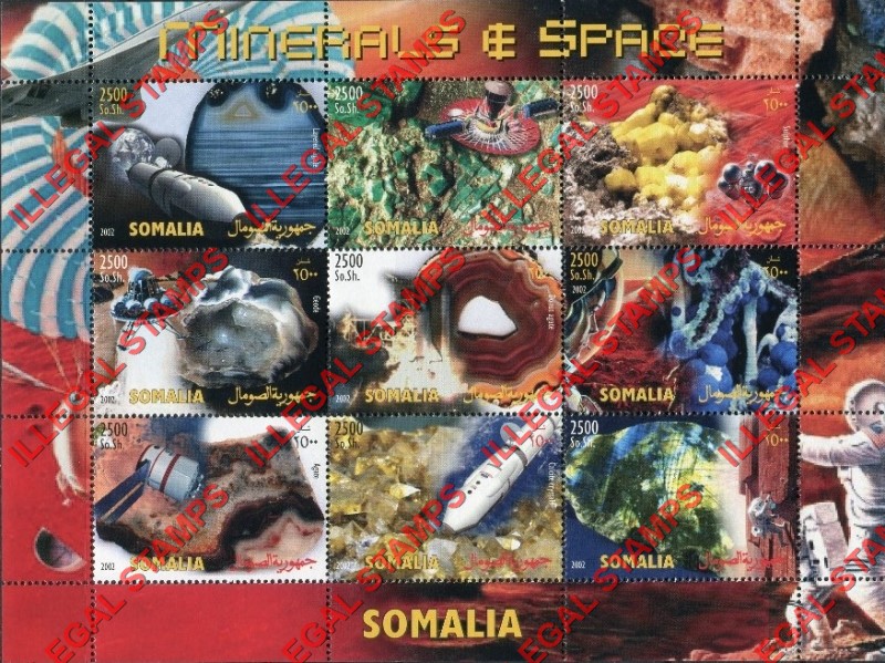 Somalia 2002 Minerals and Space Illegal Stamp Souvenir Sheet of 9 Somalia 2002 Minerals and Space Illegal Stamp Souvenir Sheet of 9