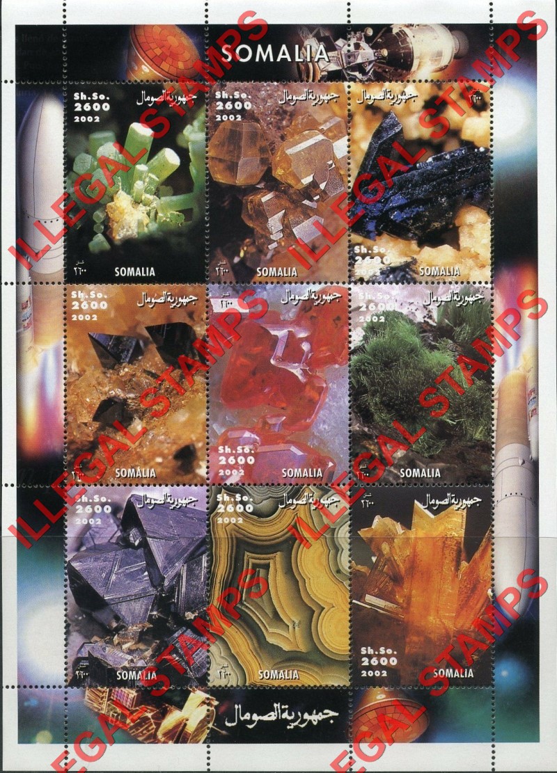 Somalia 2002 Minerals Illegal Stamp Souvenir Sheet of 9 Somalia 2002 Minerals Illegal Stamp Souvenir Sheet of 9