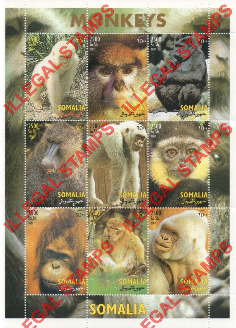 Somalia 2002 Monkeys Illegal Stamp Souvenir Sheet of 9 Somalia 2002 Monkeys Illegal Stamp Souvenir Sheet of 9