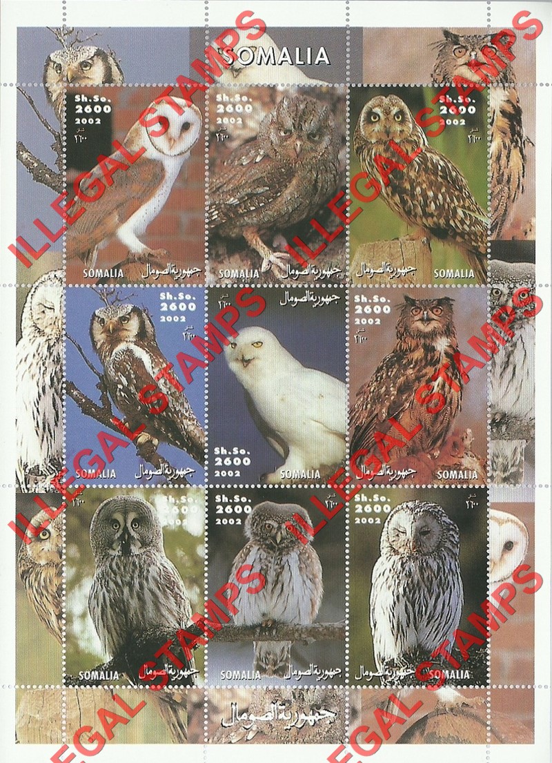 Somalia 2002 Owls Illegal Stamp Souvenir Sheet of 9 Somalia 2002 Owls Illegal Stamp Souvenir Sheet of 9