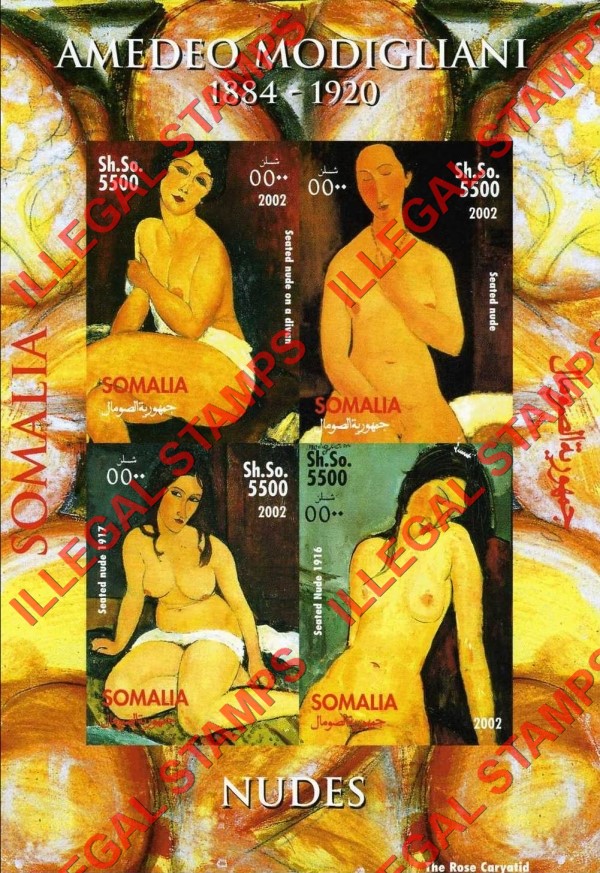 Somalia 2002 Paintings by Amedeo Modigliani Illegal Stamp Souvenir Sheet of 4 Somalia 2002 Paintings by Amedeo Modigliani Illegal Stamp Souvenir Sheet of 4