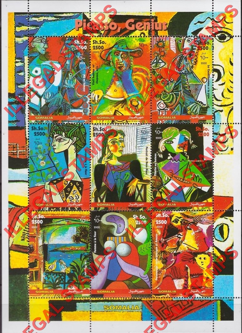 Somalia 2002 Paintings by Picasso Illegal Stamp Souvenir Sheet of 9 Somalia 2002 Paintings by Picasso Illegal Stamp Souvenir Sheet of 9