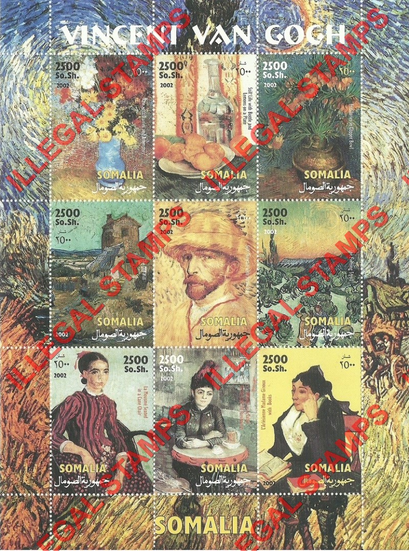 Somalia 2002 Paintings by Vincent Van Gogh Illegal Stamp Souvenir Sheet of 9 Somalia 2002 Paintings by Vincent Van Gogh Illegal Stamp Souvenir Sheet of 9