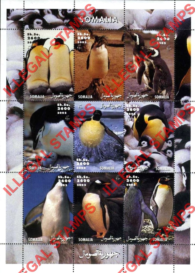 Somalia 2002 Penguins Illegal Stamp Souvenir Sheet of 9 Somalia 2002 Penguins Illegal Stamp Souvenir Sheet of 9