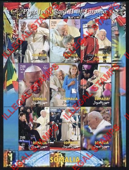 Somalia 2002 Pope John Paul II in Toronto Illegal Stamp Souvenir Sheet of 9 Somalia 2002 Pope John Paul II in Toronto Illegal Stamp Souvenir Sheet of 9
