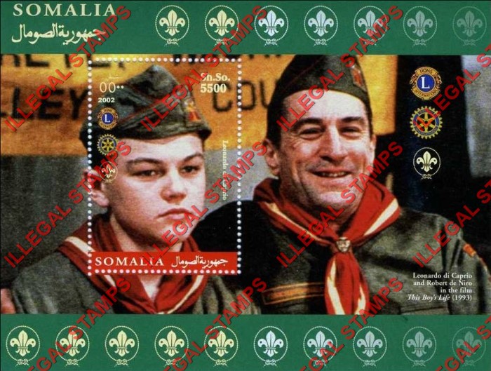 Somalia 2002 Scouting Leonardo di Caprio and Robert de Niro Illegal Stamp Souvenir Sheet of 1 Somalia 2002 Scouting Leonardo di Caprio and Robert de Niro Illegal Stamp Souvenir Sheet of 1
