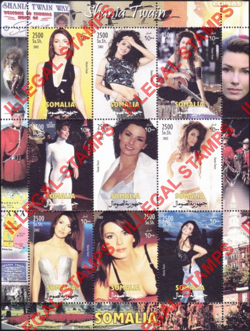 Somalia 2002 Shania Twain Illegal Stamp Souvenir Sheet of 9 Somalia 2002 Shania Twain Illegal Stamp Souvenir Sheet of 9