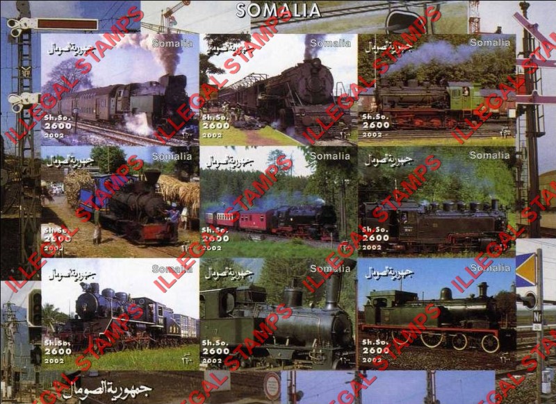 Somalia 2002 Trains Illegal Stamp Souvenir Sheet of 9 Somalia 2002 Trains Illegal Stamp Souvenir Sheet of 9