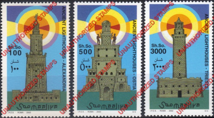 Somalia 2002 Unauthorized IPZS Ancient Lighthouses Stamps Michel 976-978 Somalia 2002 Unauthorized IPZS Ancient Lighthouses Stamps Michel 976-978