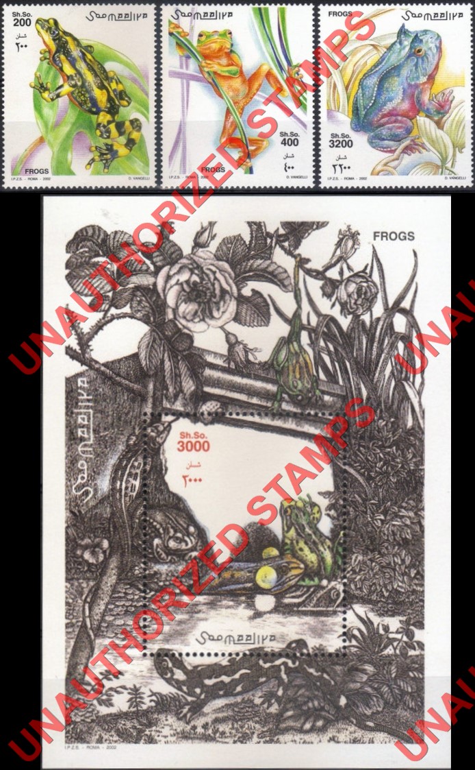 Somalia 2002 Unauthorized IPZS Frogs Stamps Michel 955-957 BL 93 Somalia 2002 Unauthorized IPZS Frogs Stamps Michel 955-957 BL 93