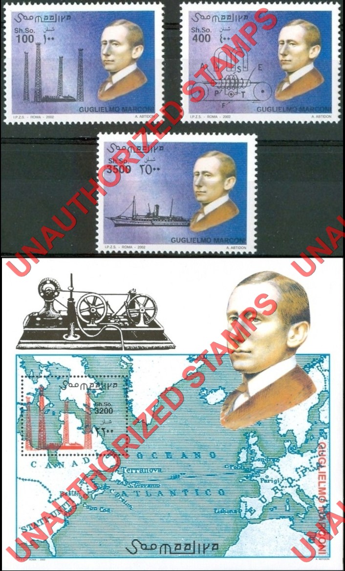 Somalia 2002 Unauthorized IPZS Guglielmo Marconi Stamps Michel 938-940 BL 89 Somalia 2002 Unauthorized IPZS Guglielmo Marconi Stamps Michel 938-940 BL 89