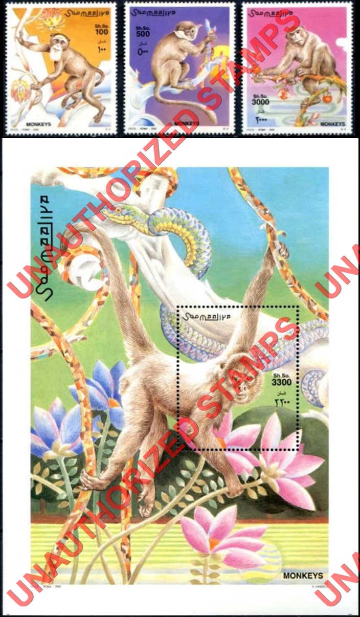 Somalia 2002 Unauthorized IPZS Monkeys Stamps Michel 942-944 BL 90 Somalia 2002 Unauthorized IPZS Monkeys Stamps Michel 942-944 BL 90