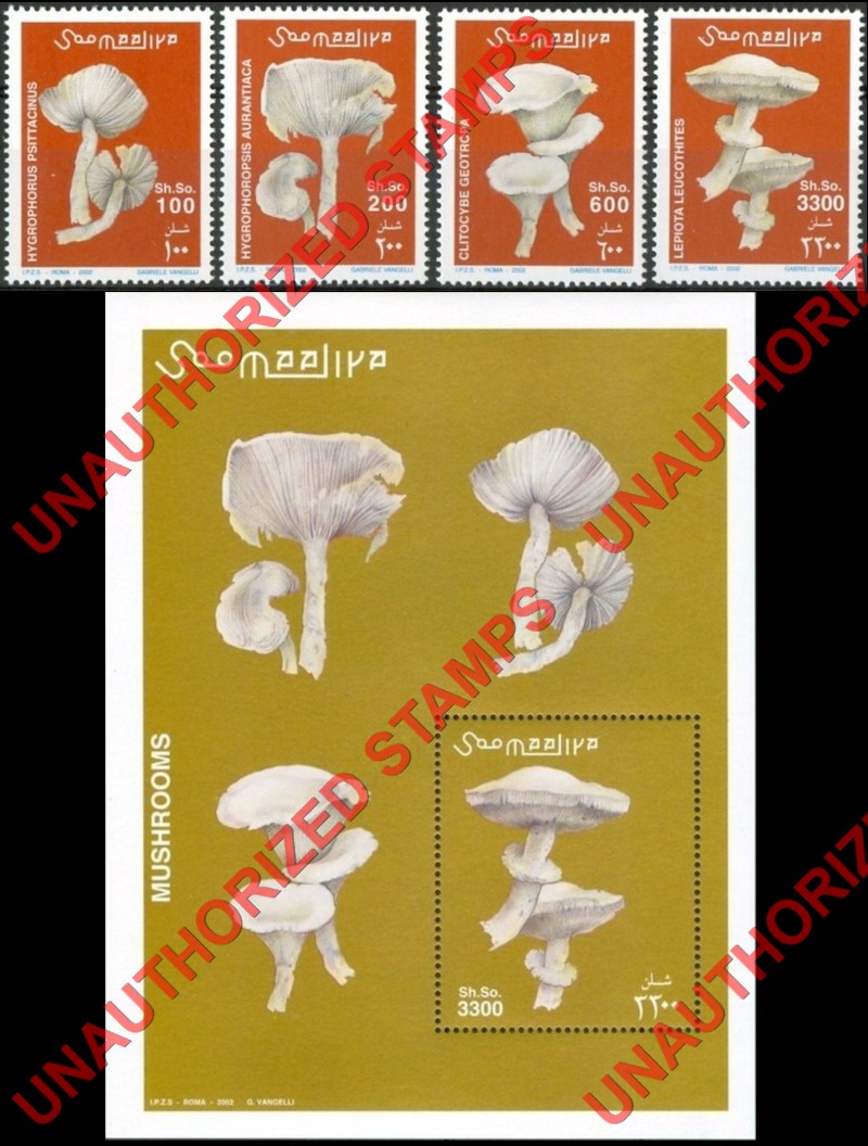 Somalia 2002 Unauthorized IPZS Mushrooms Stamps Michel 962-965 BL 94 Somalia 2002 Unauthorized IPZS Mushrooms Stamps Michel 962-965 BL 94