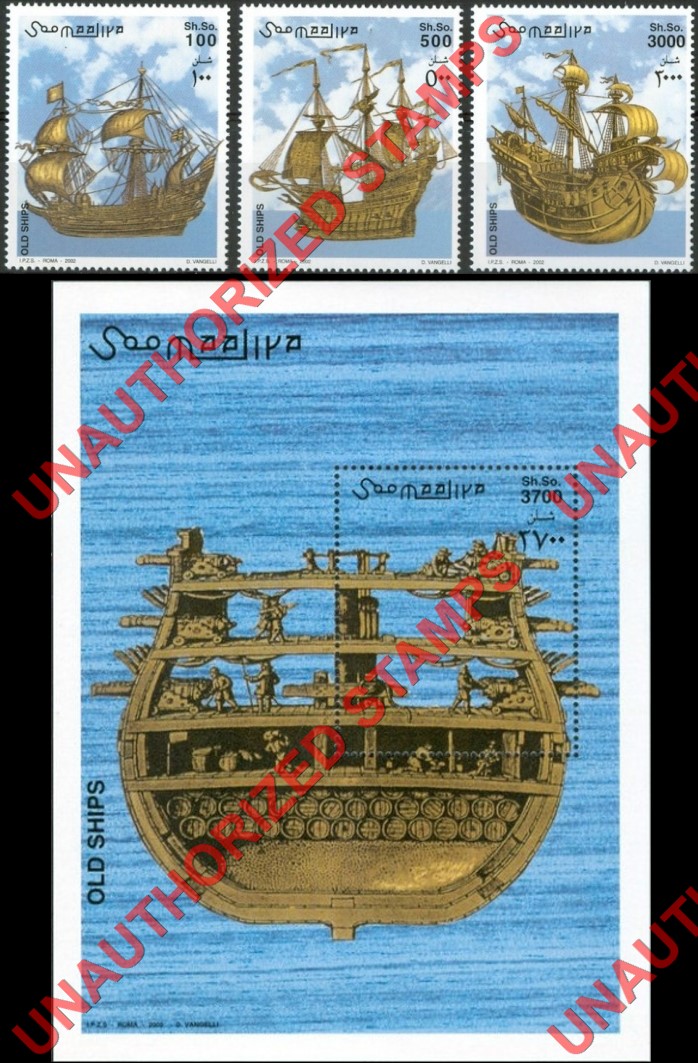 Somalia 2002 Unauthorized IPZS Old Ships Stamps Michel 979-981 BL 97 Somalia 2002 Unauthorized IPZS Old Ships Stamps Michel 979-981 BL 97
