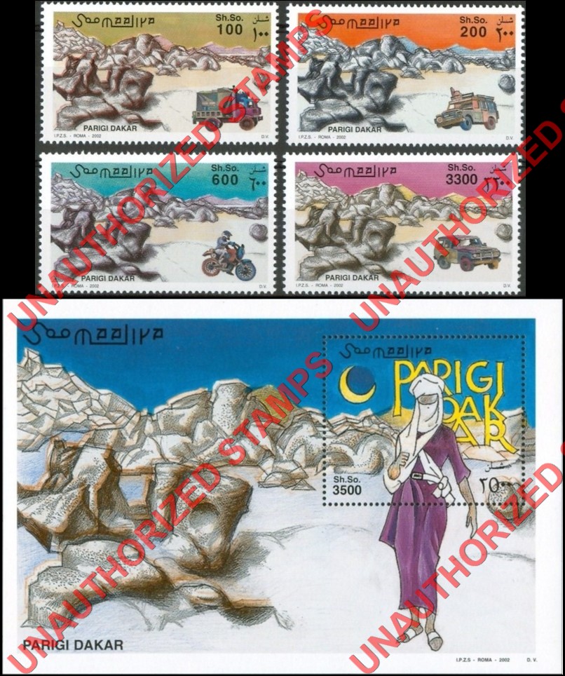 Somalia 2002 Unauthorized IPZS Parigi Dakar Rally Stamps Michel 967-970 BL 95 Somalia 2002 Unauthorized IPZS Parigi Dakar Rally Stamps Michel 967-970 BL 95