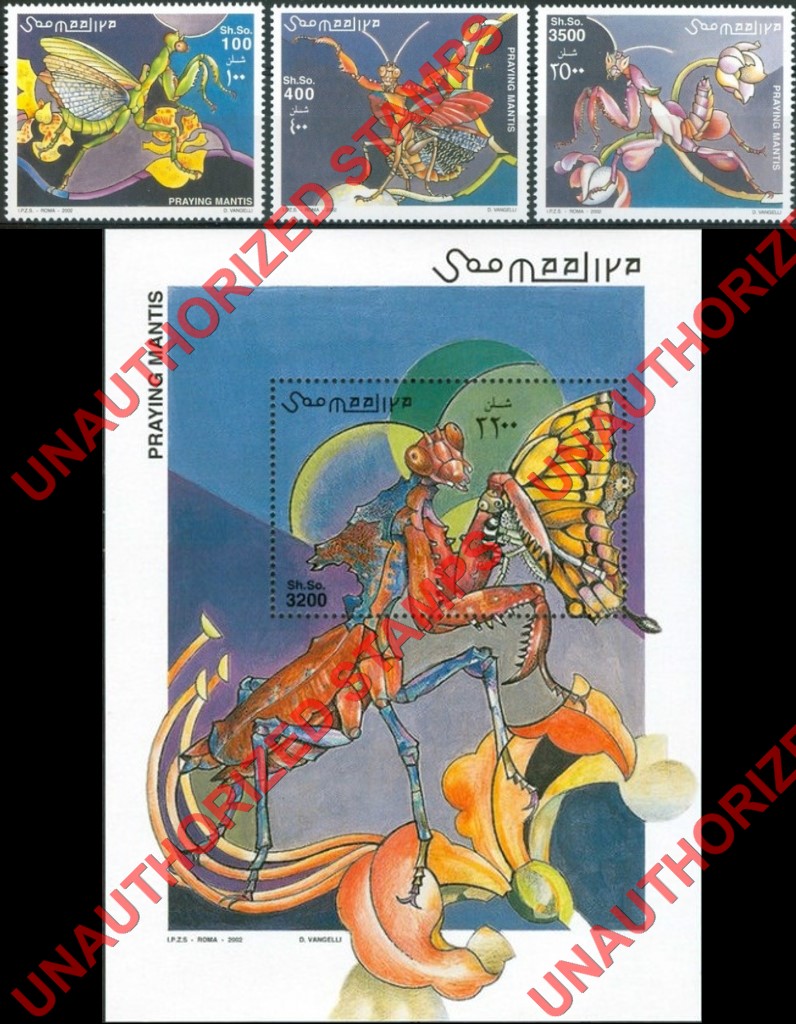 Somalia 2002 Unauthorized IPZS Praying Mantis Stamps Michel 972-974 BL 96 Somalia 2002 Unauthorized IPZS Praying Mantis Stamps Michel 972-974 BL 96