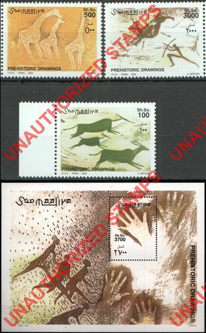 Somalia 2002 Unauthorized IPZS Prehistoric Drawings Stamps Michel 946-948 BL 91 Somalia 2002 Unauthorized IPZS Prehistoric Drawings Stamps Michel 946-948 BL 91