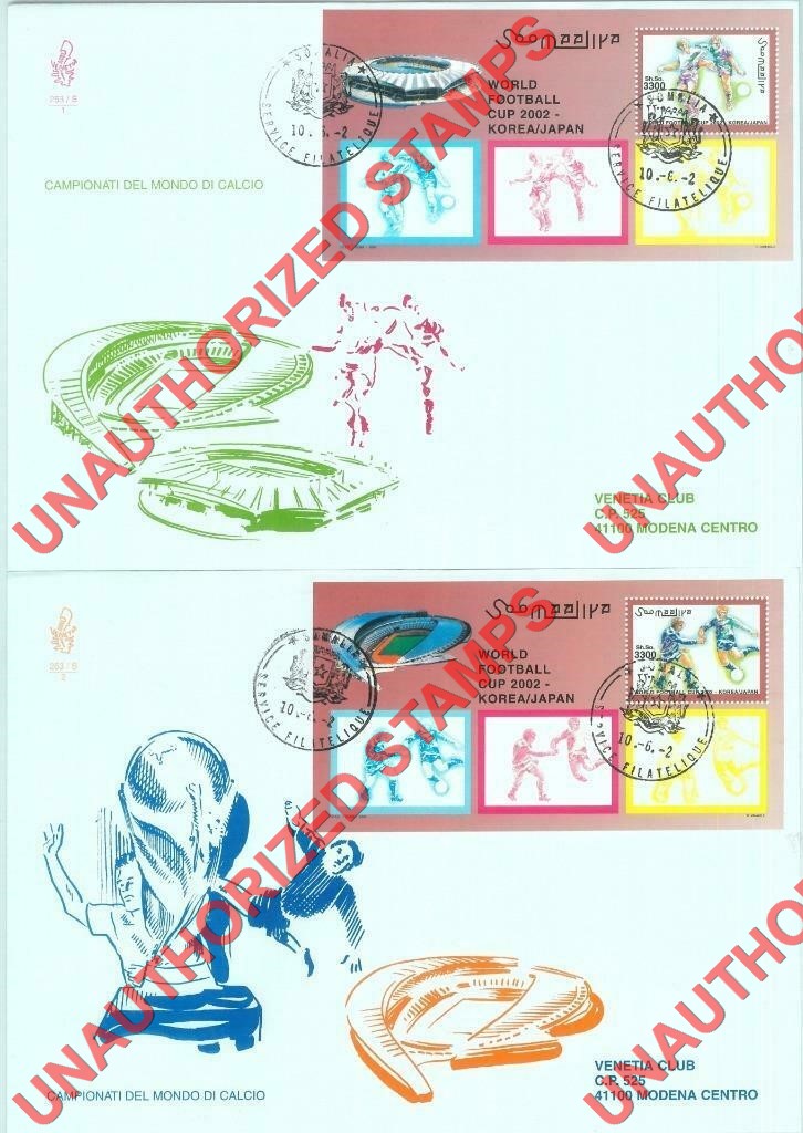 Somalia 2002 Unauthorized IPZS World Football Cup Stamps Michel BL 86 and 87 on First Day Covers Somalia 2002 Unauthorized IPZS World Football Cup Stamps Michel BL 86 and 87 on First Day Covers